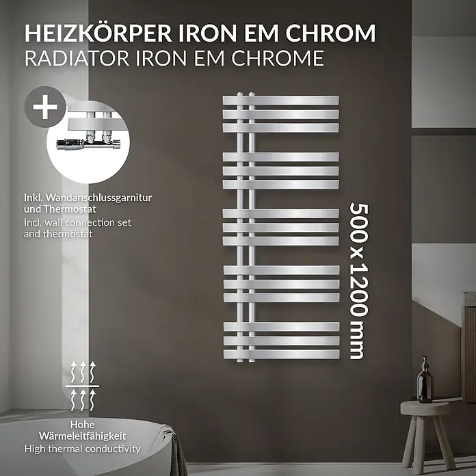 LuxeBath Badheizkörper Design Handtuchheizkörper Handtuchwärmer mit Eckform Thermostatventil - B x H: 50 x 120 mm, Chrom - Chromheizkörper 500x1200mm, inkl. Wandanschlussgarnitur und Thermostat, mit hoher Wärmeleitfähigkeit.