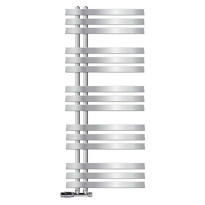 LuxeBath Badheizkörper Design Handtuchheizkörper Handtuchwärmer mit Eckform Thermostatventil - B x H: 50 x 120 mm, Chrom - Moderner silberner Handtuchheizkörper mit flachen horizontalen Stangen und Anschlussventilen.