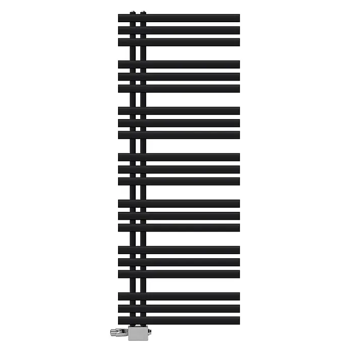 LuxeBath Badheizkörper Designheizkörper Iron EM Paneelheizkörper Handtuchtrockner - B x H: 60 x 160 cm, Schwarz - Schwarzer moderner Handtuchheizkörper mit horizontalen Stäben und verchromtem Anschlussventil unten.