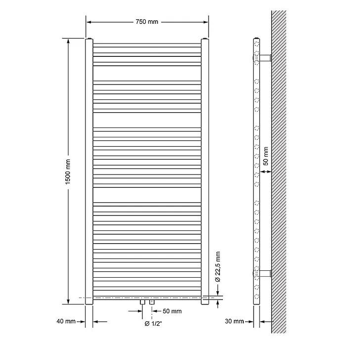 LuxeBath Badheizkörper Design Handtuchheizkörper Handtuchwärmer Mittelanschluss gebogen 800 W - Anthrazit - Technische Zeichnung eines rechteckigen Handtuchheizkörpers, mit Vorder- und Seitenansicht, Maßen und Anschlussdetails.