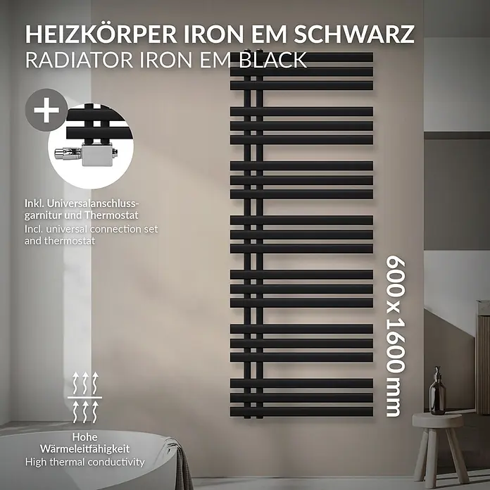 LuxeBath Badheizkörper Designheizkörper Iron EM Paneelheizkörper Handtuchtrockner - B x H: 60 x 160 cm, Schwarz - Schwarzer Handtuchheizkörper aus Eisen mit horizontalen Stangen, wandmontiert in einem modernen Bad.