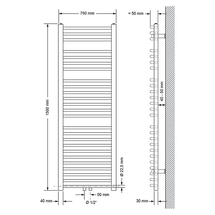 LuxeBath Badheizkörper Handtuchwärmer Mittelanschluss gebogen mit Eckform Thermostatventil - B x H: 75 x 150 mm, Anthrazit - Technisches Datenblatt eines Handtuchwärmers, Vorder- und Seitenansicht mit detaillierten Maßen.