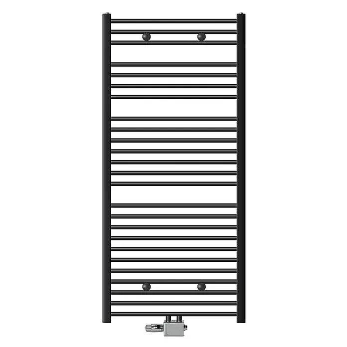 LuxeBath Badheizkörper Handtuchwärmer Mittelanschluss gebogen mit Universal Thermostatventil - B x H: 75 x 150 cm, Anthrazit - Schwarzer Handtuchwärmer aus Metall mit vielen horizontalen Stangen, vertikalen Kollektoren, kugelförmigen Wandhalterungen und einem unteren Ventilset.