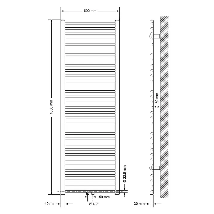 LuxeBath Badheizkörper Handtuchwärmer Mittelanschluss gerade mit Boden Thermostatventil - B x H: 60 x 180 mm, Weiß - Technische Zeichnung eines vertikalen Handtuchwärmers, 1800x600mm, mit Wandmontagedetails, Rohrabmessungen und Anschlusspunkten.