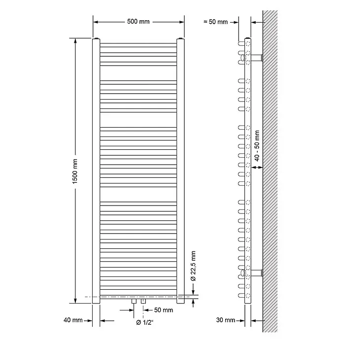 LuxeBath Badheizkörper Handtuchwärmer Mittelanschluss gebogen mit Boden Thermostatventil - Schwarz - Technische Zeichnung eines wandmontierten Leiter-Handtuchwärmers, 1500x500mm, mit Maßen.