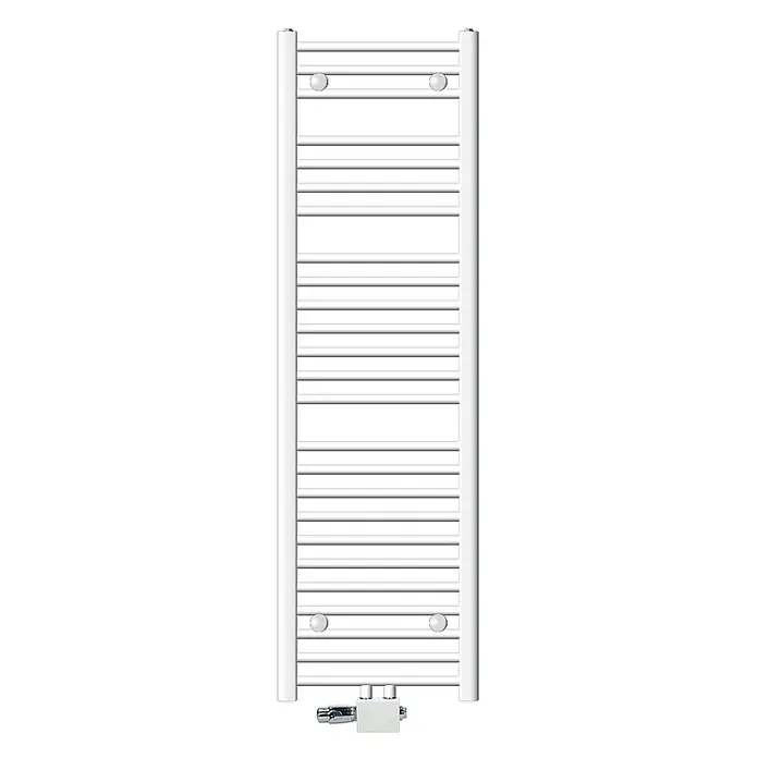 LuxeBath Badheizkörper Handtuchwärmer Mittelanschluss gerade mit Universal Thermostatventil - B x H: 40 x 150 mm, Weiß - Weißer Handtuchheizkörper mit horizontalen Stangen und unten montierten Ventilen.