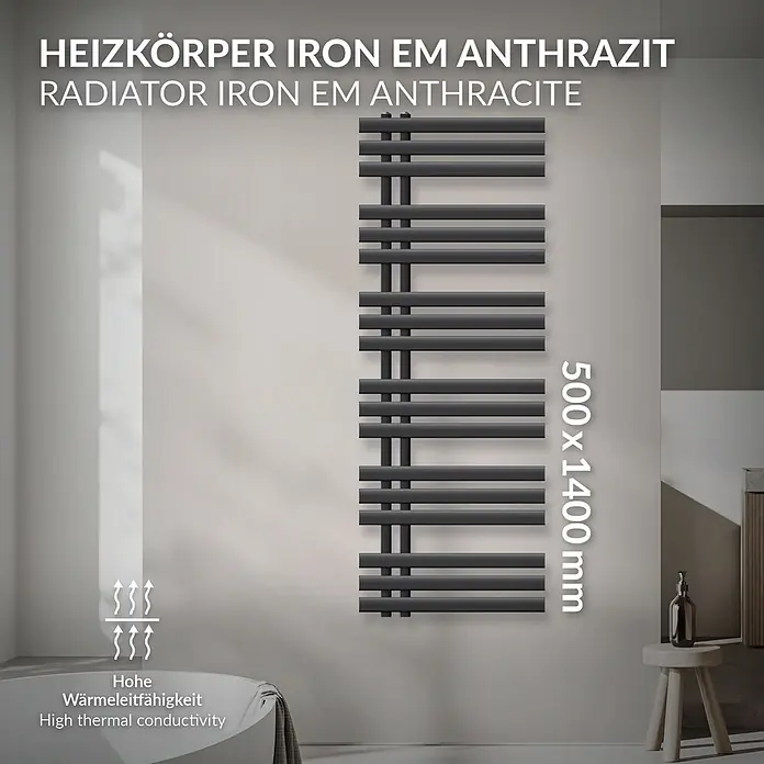 Badheizkörper Iron EM 500x1400 Anthrazit -  - Anthrazitfarbener Heizkörper Iron EM (500x1400mm) mit hoher Wärmeleitfähigkeit, in einem Badezimmer dargestellt.