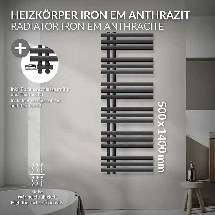 Badheizkörper Iron EM 500x1400 Anthrazit -  - Anthrazitfarbener Heizkörper Iron EM (500x1400 mm) mit Bodenanschlussgarnitur, Thermostat und hoher Wärmeleitfähigkeit.