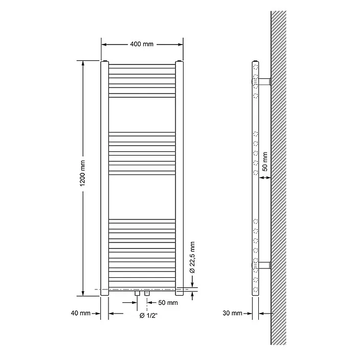 LuxeBath Badheizkörper Handtuchwärmer Mittelanschluss gebogen mit Boden Thermostatventil - B x H: 40 x 120 mm, Weiß - Technische Zeichnung eines rechteckigen, wandmontierten Handtuchheizkörpers mit Maßen 1200x400 mm und Rohrleitungsanschlüssen.