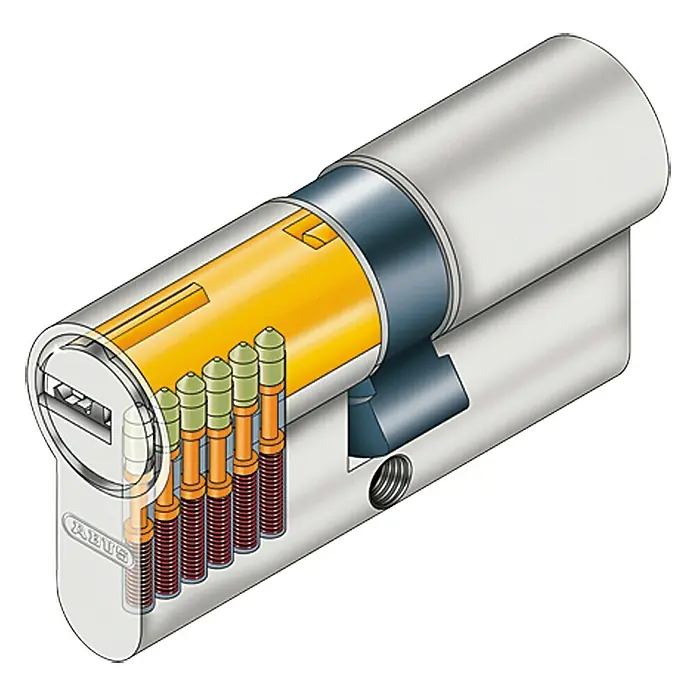 Abus Profilzylinder D6X - Baulänge innen: 40 mm, Baulänge außen: 45 mm, Anzahl Schlüssel: 5 Stk. - Illustration eines ABUS-Schließzylinders, der die interne Mechanik mit Stiften und Federn zeigt.