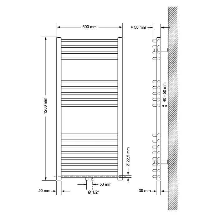 LuxeBath Badheizkörper Design Handtuchheizkörper Handtuchwärmer Mittelanschluss gebogen 480 W - Weiß - Technische Zeichnung eines Handtuchheizkörpers (1200x600mm) mit Maßen und Rohrverbindungen.