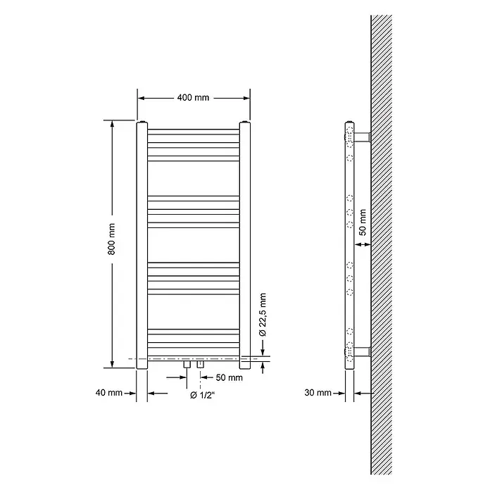 LuxeBath Badheizkörper Design Handtuchheizkörper Handtuchwärmer Mittelanschluss gerade 240 W - B x H: 40 x 80 mm, Weiß - Metall-Handtuchwärmer, 800x400 mm, mit horizontalen Stangen und Wandhalterungen. Technische Zeichnung mit Maßen.