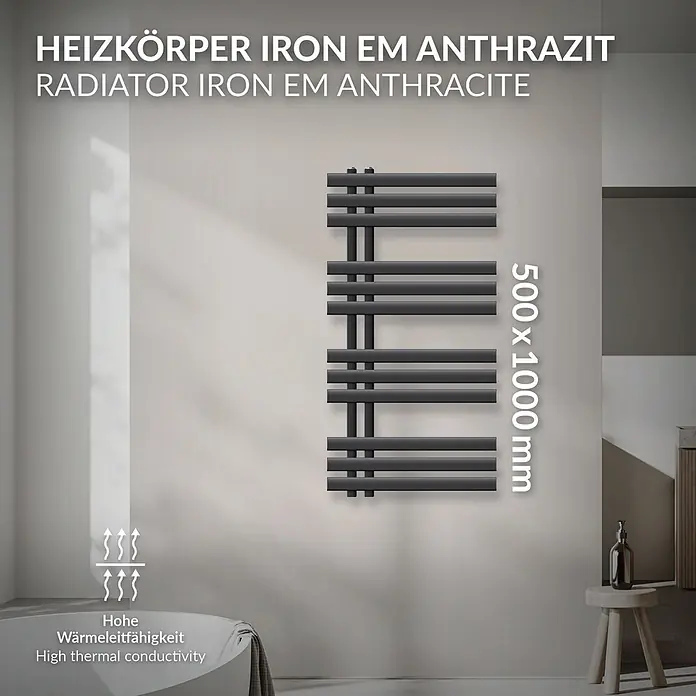 LuxeBath Badheizkörper Design Handtuchheizkörper Handtuchwärmer Mittelanschluss Radiator - B x H: 50 x 100 mm, Anthrazit - Anthrazitfarbener Eisenheizkörper (500x1000mm) mit hoher Wärmeleitfähigkeit, wandmontiert.