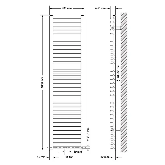 LuxeBath Badheizkörper Design Handtuchheizkörper Handtuchwärmer Mittelanschluss gebogen 580 W - Weiß - Weißer Handtuchheizkörper mit horizontalen Stangen, Maßen und Wandmontage.
