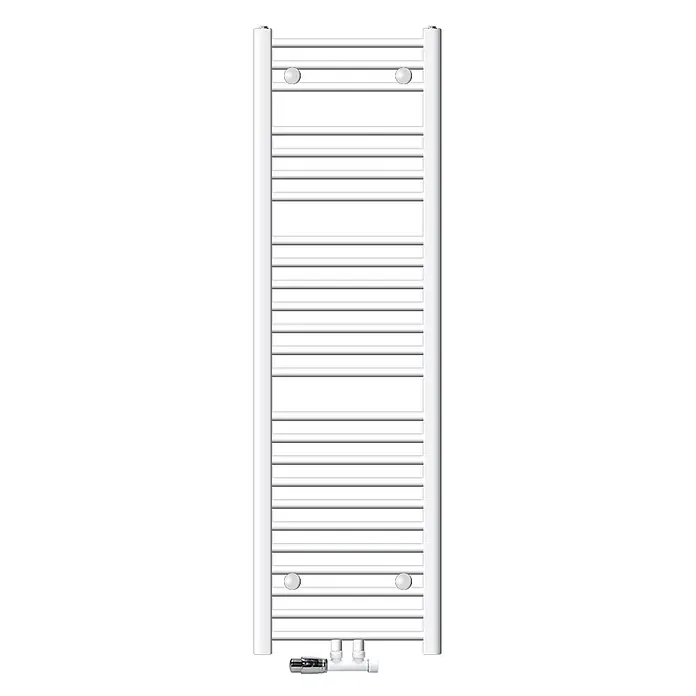 Badheizkörper 400x1500mm Weiß gerade Mittel mit Ventil Eckform -  - Weißer Metall-Handtuchwärmer mit Querstreben, Befestigungspunkten und unteren Heizungsanschlüssen.
