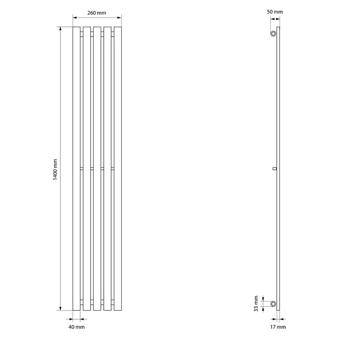 LuxeBath Badheizkörper Paneelheizkörper Handtuchwärmer mit Durchgangsform Thermostatventil - B x H: 26 x 140 mm, Weiß - Vertikaler Flachheizkörper, 1400x260x50 mm, mit 5 Heizkolonnen.