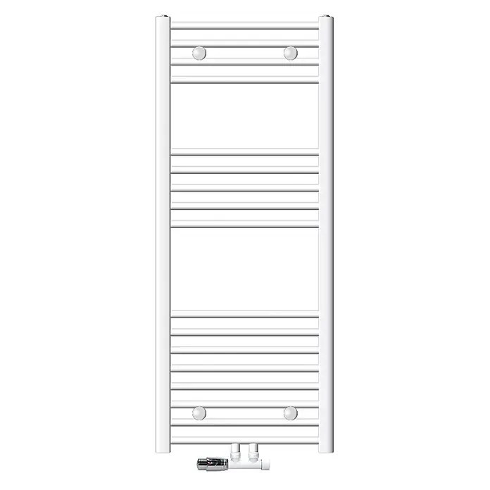 Badheizkörper 500x1200mm Weiß gebogen Mittel mit Ventil Eckform -  - Weißer Handtuchheizkörper mit horizontalen Stangen und Thermostatventil unten.