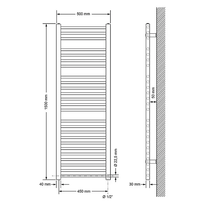 LuxeBath Elektro-Badheizkörper Handtuchwärmer mit Heizstab 500x1500 mm gerade Weiß 900W -  - Technische Zeichnung eines rechteckigen Handtuchheizkörpers, 1500 mm hoch und 500 mm breit, mit mehreren Querstäben.