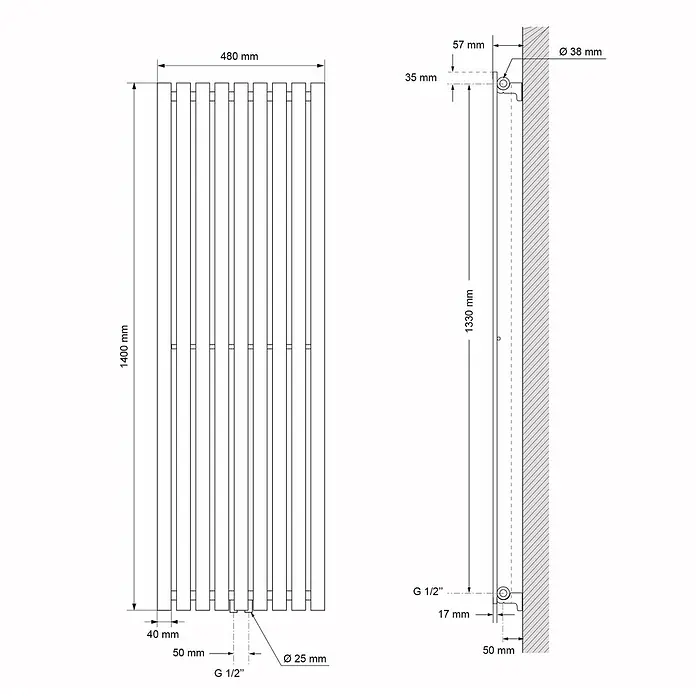 LuxeBath Badheizkörper Design Handtuchheizkörper Handtuchwärmer Mittelanschluss Radiator - Anthrazit - Technische Zeichnung eines vertikalen Paneelheizkörpers, mit Vorder- und Seitenansicht und detaillierten Maßen.