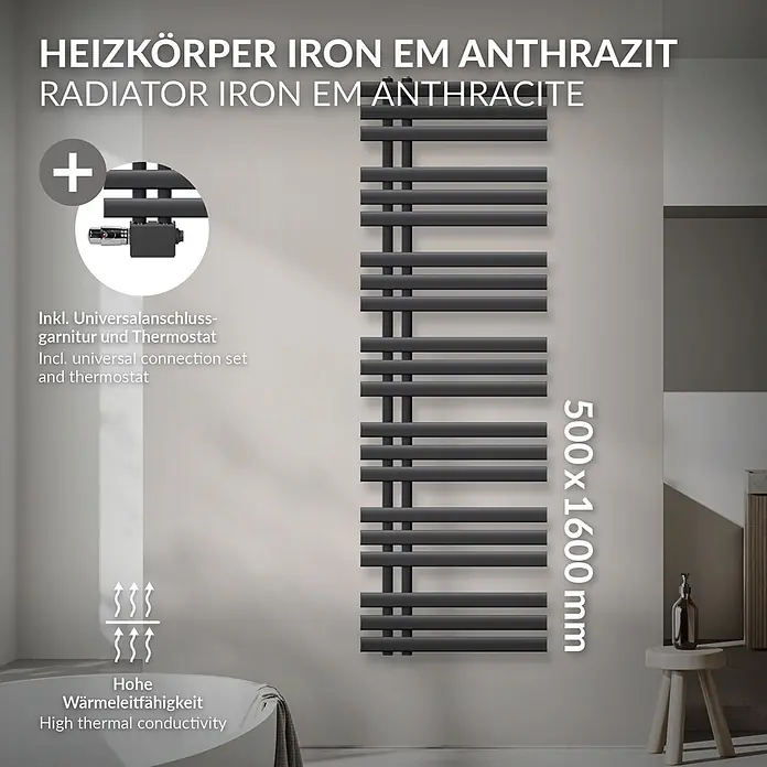 LuxeBath Badheizkörper Handtuchheizkörper Handtuchwärmer mit Universal Thermostatventil - B x H: 50 x 160 mm, Anthrazit - Vertikaler Heizkörper IRON EM in Anthrazit (500x1600mm) im Badezimmer, inkl. Anschlussset und Thermostat, mit hoher Wärmeleitfähigkeit.