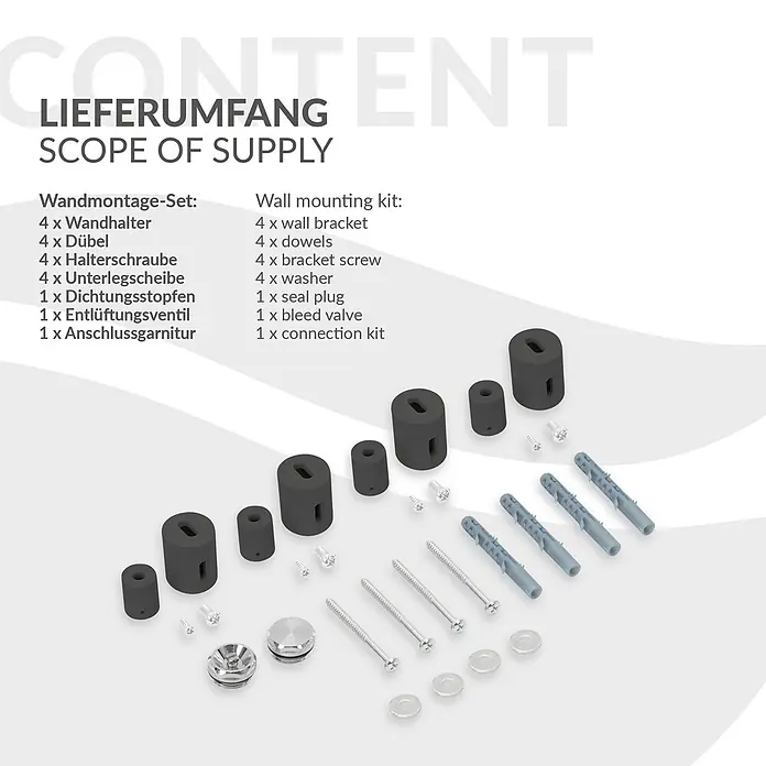 LuxeBath Badheizkörper Handtuchheizkörper Handtuchwärmer mit Durchgangsform Thermostatventil - B x H: 50 x 120 mm, Anthrazit - Ein komplettes Wandmontage-Set mit dunkelgrauen Haltern, silbernen Schrauben, Unterlegscheiben, Stopfen und grauen Dübeln zur sicheren Installation.
