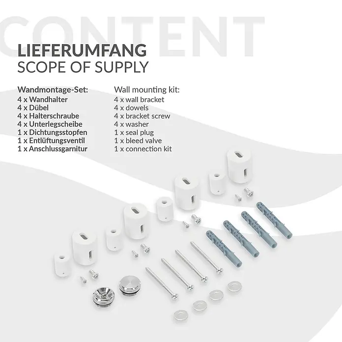 LuxeBath Badheizkörper Handtuchheizkörper Handtuchwärmer mit Universal Thermostatventil - B x H: 60 x 100 mm, Weiß - Wandmontage-Set mit weißen Haltern, grauen Dübeln, silbernen Schrauben, Unterlegscheiben und verchromten Stopfen.