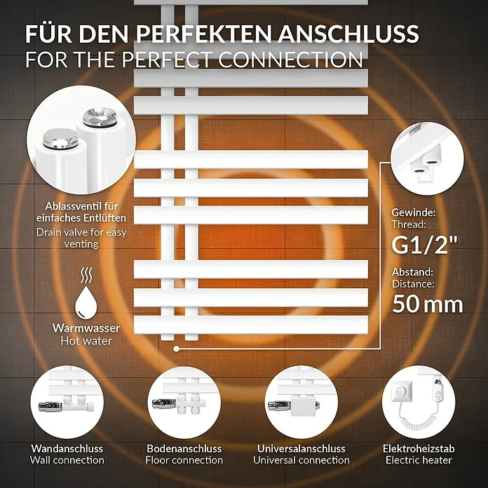 LuxeBath Elektro-Badheizkörper Design Handtuchheizkörper Handtuchwärmer Elektrisch mit Heizstab 900W -  - Weißer Handtuchheizkörper mit G1/2" Gewinde, 50mm Abstand. Zeigt Wand-, Boden-, Universal- und Elektroanschlüsse, sowie ein Entlüftungsventil.