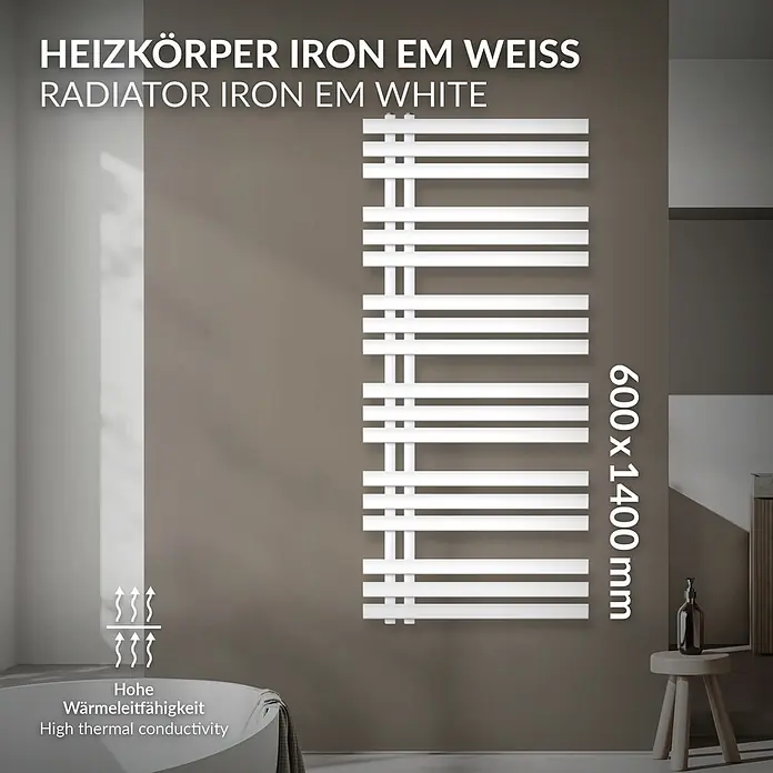 LuxeBath Badheizkörper Design Handtuchheizkörper Handtuchwärmer Mittelanschluss Radiator - B x H: 60 x 140 mm, Weiß - Weißer Heizkörper Iron EM (600x1400 mm) mit hoher Wärmeleitfähigkeit, an einer Wand montiert.