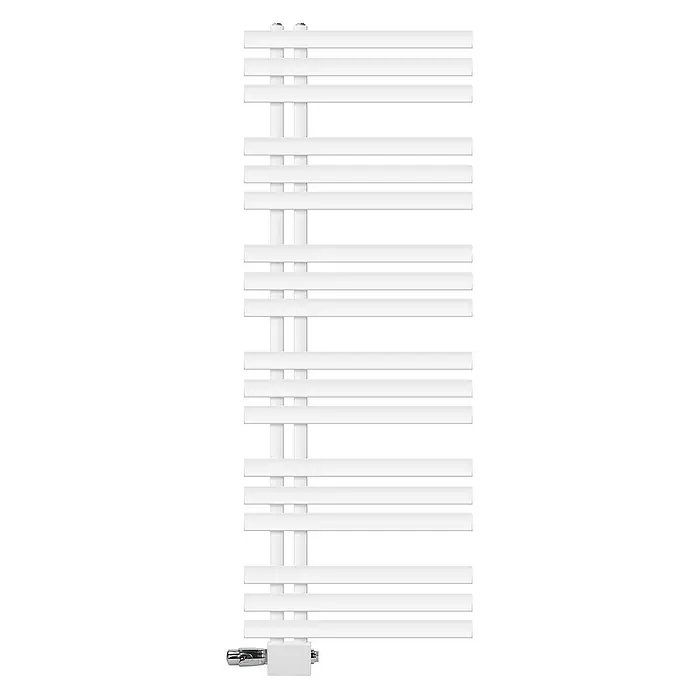LuxeBath Badheizkörper Handtuchheizkörper Handtuchwärmer mit Universal Thermostatventil - B x H: 50 x 140 mm, Weiß - Weißer Handtuchwärmer-Heizkörper mit mehreren horizontalen Stäben und einem Chromventil unten.