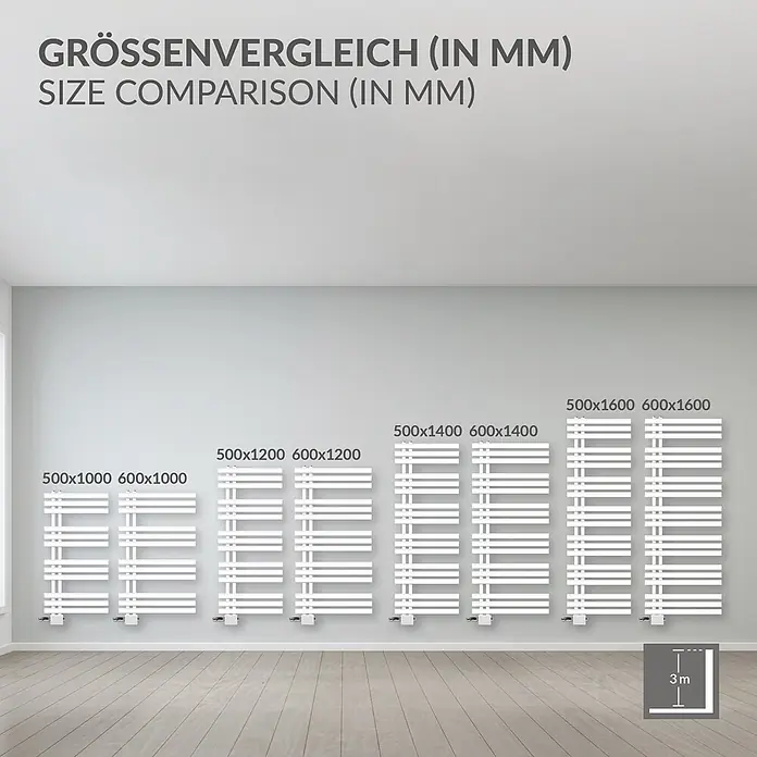 LuxeBath Badheizkörper Design Handtuchheizkörper Handtuchwärmer Mittelanschluss Radiator - B x H: 50 x 140 mm, Weiß - Größenvergleich weißer Handtuchheizkörper von 500x1000mm bis 600x1600mm, dargestellt in einem Raum mit 3m Höhenreferenz.