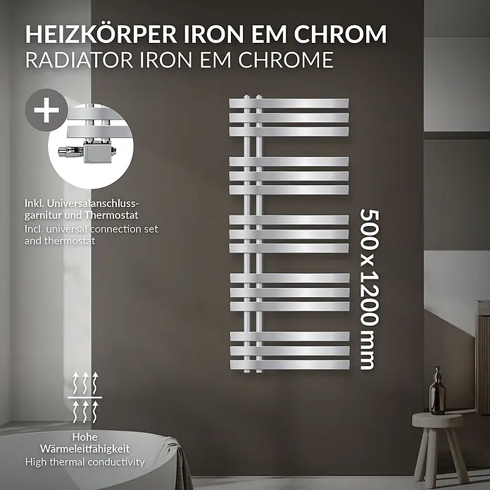 LuxeBath Badheizkörper Handtuchheizkörper Handtuchwärmer mit Universal Thermostatventil - B x H: 50 x 120 mm, Chrom - Chrom Heizkörper (500x1200mm) mit hoher Wärmeleitfähigkeit, inkl. Universalanschlussgarnitur und Thermostat.