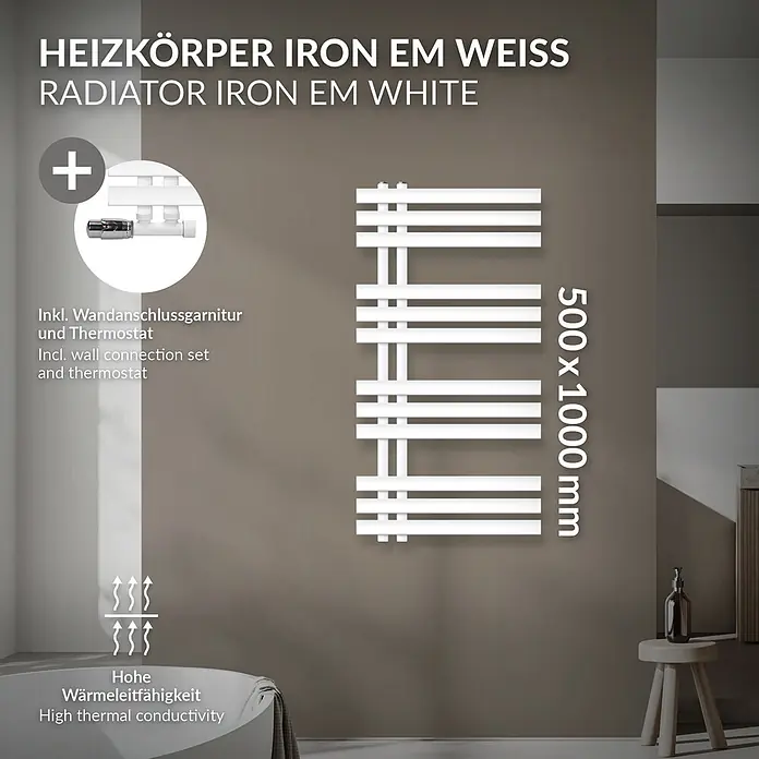 LuxeBath Badheizkörper Design Handtuchheizkörper Handtuchwärmer mit Eckform Thermostatventil - B x H: 50 x 100 cm, Weiß - Weißer Iron EM Heizkörper (500x1000mm) inkl. Wandanschlussgarnitur, Thermostat u. hoher Wärmeleitfähigkeit.