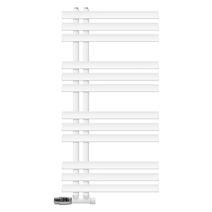 LuxeBath Badheizkörper Design Handtuchheizkörper Handtuchwärmer mit Eckform Thermostatventil - B x H: 50 x 100 cm, Weiß - Weißer Handtuchheizkörper mit mehreren horizontalen Stangen und einem verchromten Thermostatventil.