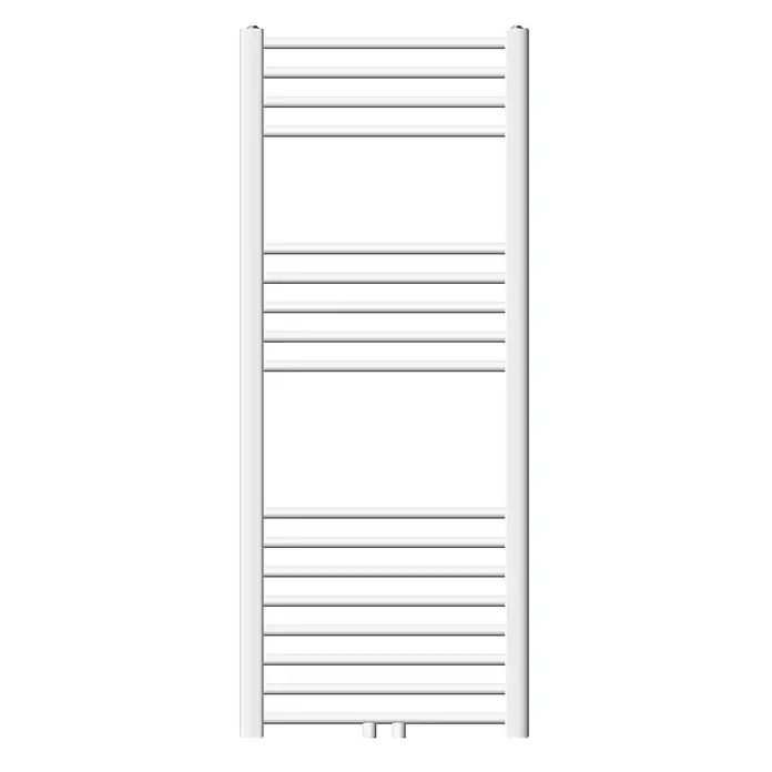 LuxeBath Badheizkörper Design Handtuchheizkörper Handtuchwärmer Mittelanschluss gebogen 420 W - Weiß - Weißer vertikaler Handtuchheizkörper mit mehreren horizontalen Stangen.