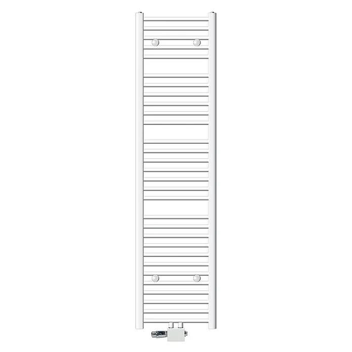 LuxeBath Badheizkörper Handtuchwärmer Mittelanschluss gebogen mit Universal Thermostatventil - B x H: 40 x 180 mm, Weiß - Weißer Handtuchheizkörper mit flachen horizontalen Heizstäben und unterem Anschlussblock mit Ventilen.
