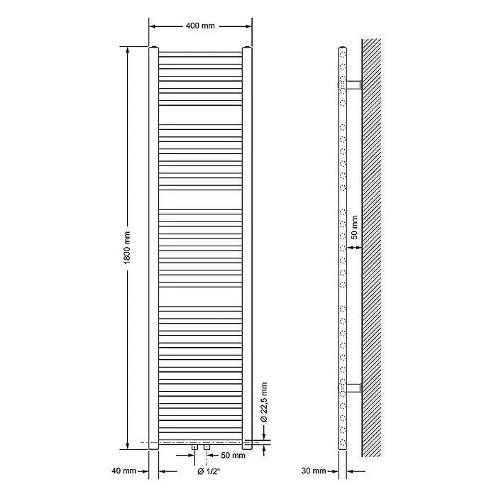 LuxeBath Badheizkörper Design Handtuchheizkörper Handtuchwärmer Mittelanschluss gerade 580 W - Weiß - Technische Zeichnung eines Handtuchheizkörpers, 1800x400 mm, mit detaillierten Abmessungen für Installation und Anschlüsse.