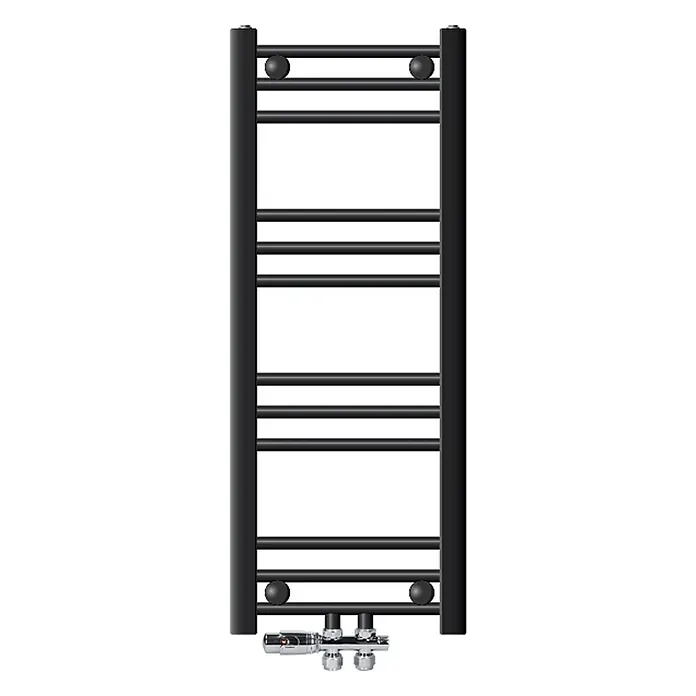LuxeBath Badheizkörper Handtuchwärmer Mittelanschluss gerade mit Boden Thermostatventil - B x H: 30 x 80 mm, Anthrazit - Schwarzer Leiterhandtuchwärmer mit Thermostatventil.
