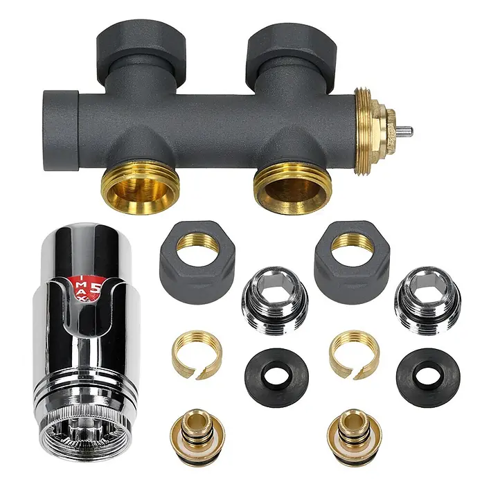 LuxeBath Badheizkörper Handtuchwärmer Mittelanschluss gerade mit Boden Thermostatventil - B x H: 30 x 80 mm, Anthrazit - Thermostatisches Heizkörperventil-Set: dunkelgrauer Verteiler, Chrom-Regelkopf und diverse Messing- und Kunststoffarmaturen.