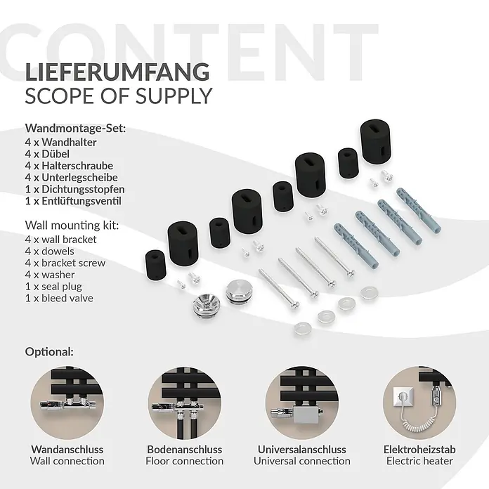 LuxeBath Badheizkörper Iron EM Heizkörper Handtuchtrockner Badezimmer Heizung für Handtücher - B x H: 60 x 100 mm, Schwarz - Heizkörper-Montageset mit schwarzen Wandhaltern, Schrauben, Dübeln, Dichtstopfen, Entlüftungsventil und optionalem Anschlusszubehör.