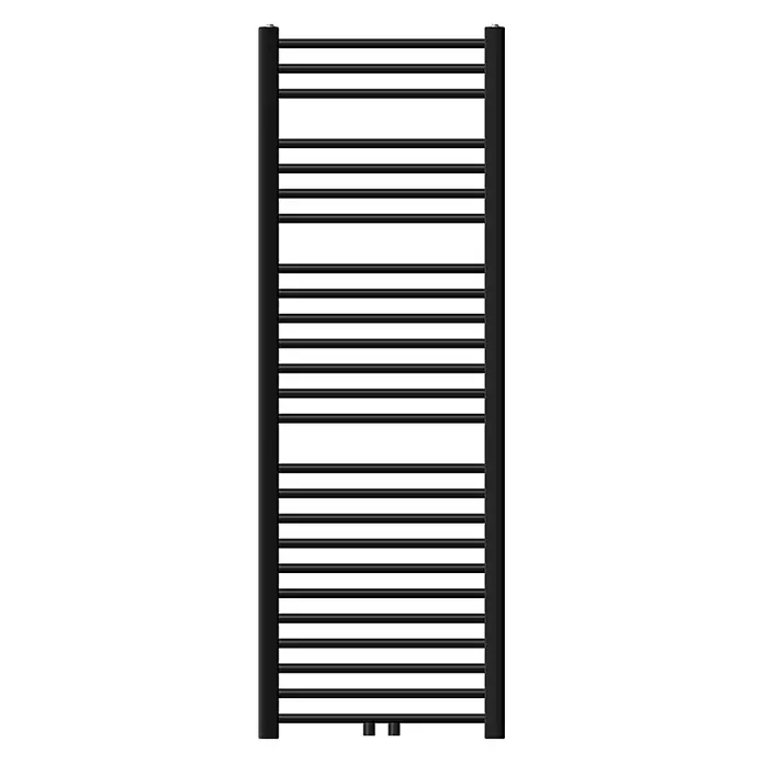 LuxeBath Badheizkörper Design Handtuchheizkörper Handtuchwärmer Mittelanschluss gebogen 570 W - Schwarz - Schwarzer vertikaler Handtuchwärmer mit horizontalen Stangen zum Heizen und Trocknen.