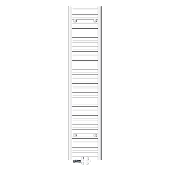 LuxeBath Badheizkörper Handtuchwärmer Mittelanschluss gerade mit Boden Thermostatventil - B x H: 30 x 180 mm, Weiß - Weißer Handtuchheizkörper mit horizontalen Stangen und Anschlussventilen unten.