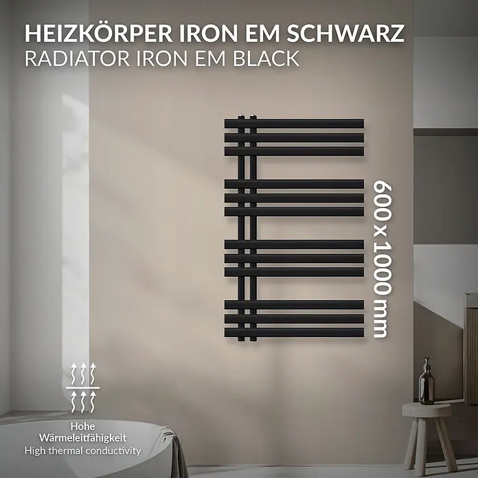 LuxeBath Badheizkörper Iron EM Heizkörper Handtuchtrockner Badezimmer Heizung für Handtücher - B x H: 60 x 100 mm, Schwarz - Ein schwarzer, vertikaler Heizkörper, 600x1000 mm, an einer Wand im Bad montiert, bekannt für hohe Wärmeleitfähigkeit.