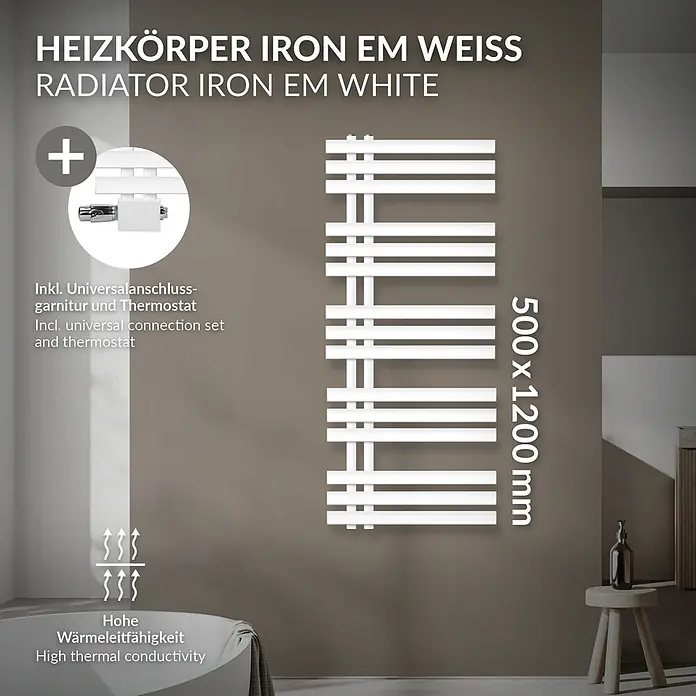 LuxeBath Badheizkörper Handtuchheizkörper Handtuchwärmer mit Universal Thermostatventil - B x H: 50 x 120 mm, Weiß - Weißer Heizkörper Iron EM (500x1200 mm) an einer Badezimmerwand montiert. Inklusive Universalanschluss, Thermostat und hoher Wärmeleitfähigkeit.