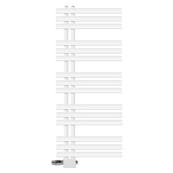 LuxeBath Badheizkörper Handtuchheizkörper Handtuchwärmer mit Universal Thermostatventil - B x H: 50 x 120 mm, Weiß - Weißer Handtuchheizkörper mit flachen horizontalen Stäben und runden vertikalen Sammelrohren, mit Chromventil unten links.