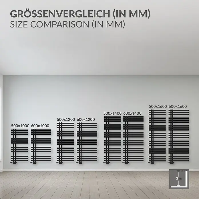 LuxeBath Badheizkörper Iron EM Heizkörper Handtuchtrockner Badezimmer Heizung für Handtücher - B x H: 60 x 100 mm, Schwarz - Schwarze Handtuchheizkörper verschiedener Größen zur Veranschaulichung im Raum.