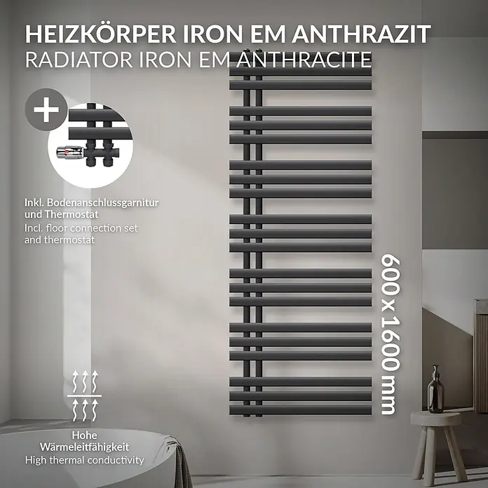 LuxeBath Badheizkörper Handtuchheizkörper Handtuchwärmer mit Durchgangsform Thermostatventil - B x H: 60 x 160 mm, Anthrazit - Anthrazitfarbener Eisenheizkörper (600x1600mm) inkl. Bodenanschlussgarnitur und Thermostat.
