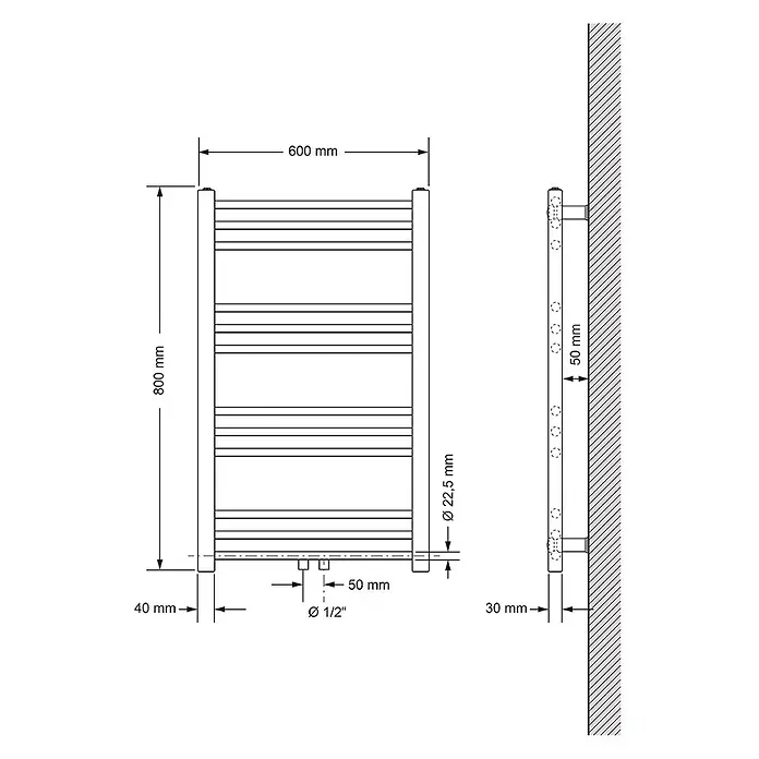 LuxeBath Badheizkörper Handtuchwärmer Mittelanschluss gerade mit Boden Thermostatventil - Weiß - Technisches Zeichnung eines Handtuchheizkörpers, 800x600 mm, mit Ø 22,5 mm Rohren und 1/2 Zoll Anschlüssen, inkl. Einbaumaßen.