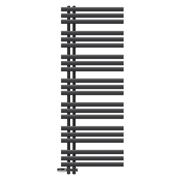 LuxeBath Badheizkörper Handtuchheizkörper Handtuchwärmer mit Durchgangsform Thermostatventil - B x H: 60 x 160 mm, Anthrazit - Anthrazitfarbener Handtuchheizkörper mit horizontalen Heizstangen und einem Regelventil unten.