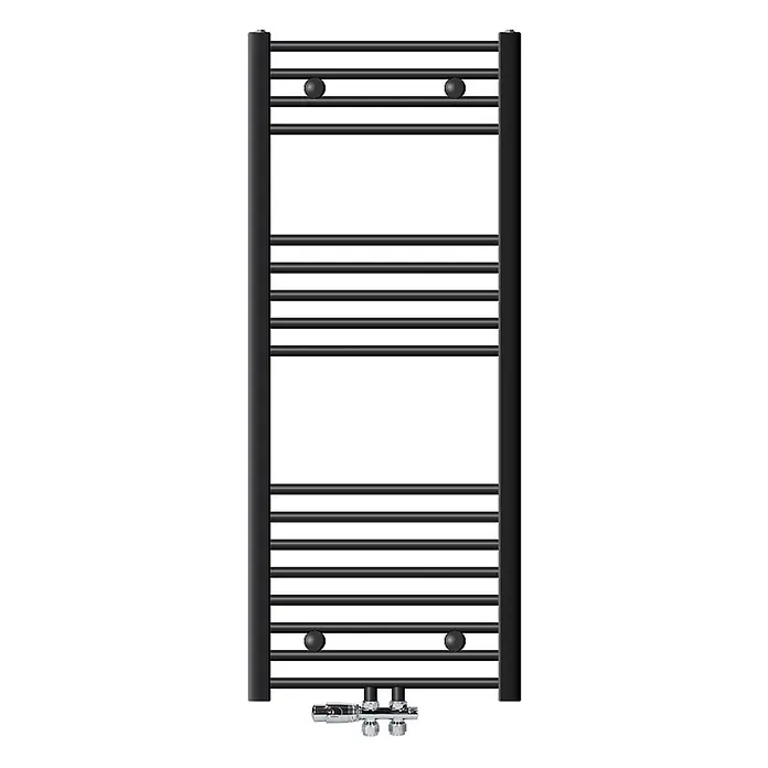 LuxeBath Badheizkörper Handtuchwärmer Mittelanschluss gerade mit Boden Thermostatventil - B x H: 50 x 120 mm, Anthrazit - Schwarzer Handtuchheizkörper mit mehreren Querstreben und einem verchromten Thermostatventil unten.