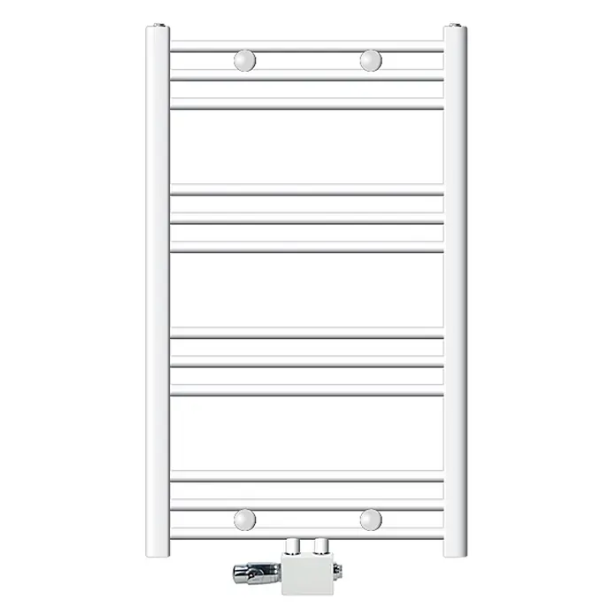 LuxeBath Badheizkörper Handtuchwärmer Mittelanschluss gerade mit Universal Thermostatventil - B x H: 60 x 80 mm, Weiß - Weißer Handtuchwärmer/Heizkörper mit horizontalen Stangen und unteren Ventilen.